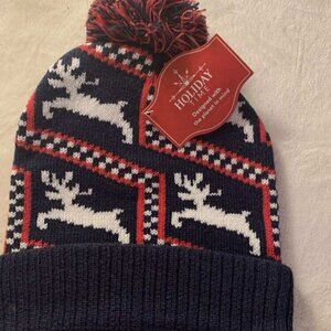 NWT Holiday Time  Women's Navy Blue Holiday Knit Beanie One Size